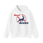 Bend Bucks Hoodie in white with the Bend Bucks logo, a leaping buck over a red-stitched baseball on the front