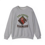 Las Cruces Farmers Crewneck Sweatshirt in sport grey with the Las Cruces Farmers logo, a red chile pepper pitcher in a high-kick windup on a brown diamond, with Farmers in brown block letters on the front