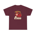 Phoenix Stars Heavyweight T-Shirt in maroon with the Phoenix Stars logo, a red phoenix bird holding a bat, ringed by stars on the front