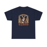 Dawson Stags Heavyweight T-Shirt in navy with the Dawson Stags logo, a stag ballplayer with a bat on his shoulder between canyon walls, with Stags in brown block letters on the front