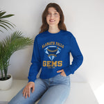 Klamath Falls Gems Crewneck Sweatshirt in royal with the Klamath Falls Gems logo, a blue diamond gem with baseball stitching on the front, worn by model
