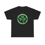 Roseburg Shamrocks Heavyweight T-Shirt in black with the Roseburg Shamrocks logo, a shamrock of baseballs with a bat stem in a green ring on the front