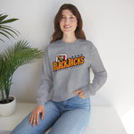 Reno BlackJacks Crewneck Sweatshirt in sport grey with the Reno BlackJacks logo, a Jack of Spades holding a bat above slanted BlackJacks lettering on the front, worn by model