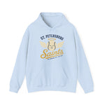 St. Petersburg Saints Hoodie in light blue with the cream winged baseball emblem with a halo on the front