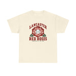 Lancaster Red Roses Heavyweight T-Shirt in natural with the Lancaster Red Roses logo, a red rose with a baseball at its center on the front