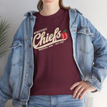 Wenatchee Chiefs Heavyweight T-Shirt in maroon with the Wenatchee Chiefs logo, script lettering with an apple stitched like a baseball on the front, worn by model