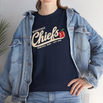 Wenatchee Chiefs Heavyweight T-Shirt in navy with the Wenatchee Chiefs logo, script lettering with an apple stitched like a baseball on the front, worn by model
