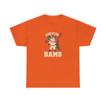 Anniston Rams Heavyweight T-Shirt in orange with the Anniston Rams logo, a cartoon ram ballplayer holding a foundry rammer beside a smoking smokestack on the front