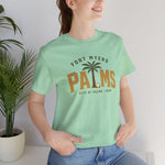 Fort Myers Palms Premium Lightweight T-Shirt in mint with the palm tree between bold gold block letters with a baseball on the front, worn by model