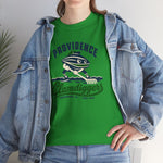 Providence Clamdiggers Heavyweight T-Shirt in irish green with the Providence Clamdiggers logo, a quahog clam character in a green cap raking a Narragansett Bay mudflat, with Clamdiggers in green script on the front, worn by model