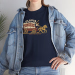 Clovis Pioneers Heavyweight T-Shirt in navy with the Clovis Pioneers logo, a ballplayer with a raised bat riding a horse-drawn covered wagon, with Pioneers on the canvas on the front, worn by model