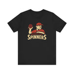 Black Greenville Spinners baseball t-shirt featuring a pitcher illustration, made from premium lightweight Bella+Canvas fabric.