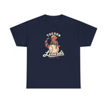 Tucson Lizards Heavyweight T-Shirt in navy with the Tucson Lizards logo, a striped lizard in a ball cap lounging on a baseball on the front