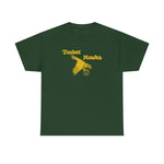 Bend Timber Hawks Heavyweight T-Shirt in forest green with the Bend Timber Hawks logo, a diving gold hawk clutching a baseball on the front