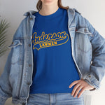 Anderson Lawmen Heavyweight T-Shirt in royal with the Anderson Lawmen logo, gold script lettering with a tail swoosh on the front, worn by model