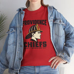 Providence Chiefs Heavyweight T-Shirt in red with the Providence Chiefs logo, a fire chief in profile under a leather helmet with a P on the front shield on the front, worn by model
