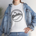 Boise Buckskins Heavyweight T-Shirt in white with the Boise Buckskins logo, script lettering across a stitched baseball on the front, worn by model