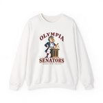 Olympia Senators Crewneck Sweatshirt in white with the Olympia Senators logo, a bearded senator in a frock coat at a podium with a bat on the front
