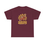 Medford Nuggets Heavyweight T-Shirt in maroon with the Medford Nuggets logo, a gold prospector catching a baseball in his pan on the front