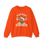 Tucson Cowboys Crewneck Sweatshirt in orange with the Tucson Cowboys logo, a cowboy in front of a saguaro with 1941 and 1953 pennant banners on the front