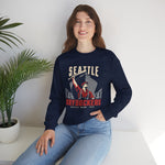 Seattle Drydockers Crewneck Sweatshirt in navy with the Seattle Drydockers logo, a shipyard worker raising a bat in front of a ship in drydock on the front, worn by model