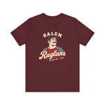 Salem Raglans Premium Lightweight T-Shirt in maroon with the Salem Raglans logo, a mustached ballplayer in a raglan shirt on the front