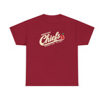 Wenatchee Chiefs Heavyweight T-Shirt in cardinal red with the Wenatchee Chiefs logo, script lettering with an apple stitched like a baseball on the front