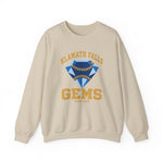 Klamath Falls Gems Crewneck Sweatshirt in sand with the Klamath Falls Gems logo, a blue diamond gem with baseball stitching on the front