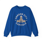 Carson City Capitals Crewneck Sweatshirt in royal with the Carson City Capitals logo, a domed state capitol building inside a ring of block lettering on the front