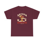 Artesia Numexers Heavyweight T-Shirt in maroon with the Artesia Numexers logo, a roadrunner in a red A cap between Longhorn League and 1954 Champions banners, with Numexers in red block letters on the front