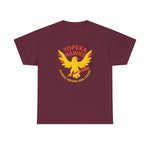 Maroon heavyweight cotton T-shirt with vintage Topeka Hawks baseball team logo in yellow and red print.