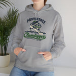 Providence Clamdiggers Hoodie in sport grey with the Providence Clamdiggers logo, a quahog clam character in a green cap raking a Narragansett Bay mudflat, with Clamdiggers in green script on the front, worn by model