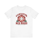 Lancaster Red Roses Premium Lightweight T-Shirt in white with the Lancaster Red Roses logo, a red rose with a baseball at its center on the front