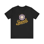 Mesa Jewels Premium Lightweight T-Shirt in black with the Mesa Jewels logo, a faceted purple gem with a baseball diamond above Jewels script on the front