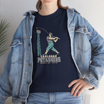 Carlsbad Potashers Heavyweight T-Shirt in navy with the Carlsbad Potashers logo, a miner in a hard hat and headlamp finishing his swing as the ball arcs over a ballpark light tower, with Potashers in block letters on the front, worn by model
