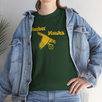 Bend Timber Hawks Heavyweight T-Shirt in forest green with the Bend Timber Hawks logo, a diving gold hawk clutching a baseball on the front, worn by model
