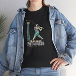 Carlsbad Potashers Heavyweight T-Shirt in black with the Carlsbad Potashers logo, a miner in a hard hat and headlamp finishing his swing as the ball arcs over a ballpark light tower, with Potashers in block letters on the front, worn by model