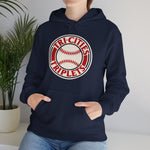 Tri-Cities Triplets Hoodie in navy with the Tri-Cities Triplets logo, red lettering circling a baseball on the front, worn by model