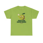 Portland Green Gages Heavyweight T-Shirt in kiwi with the Portland Green Gages logo, a cartoon green plum tossing a baseball on the front
