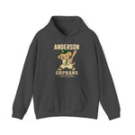Anderson Orphans Hoodie in dark heather with the golden dog batter in a cap and green striped jersey on the front