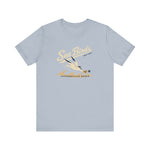 Jacksonville Beach Sea Birds Premium Lightweight T-Shirt in light blue with the diving shorebird skimming over waves in navy script lettering on the front