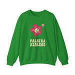 Palatka Azaleas Crewneck Sweatshirt in irish green with the smiling pink flower mascot with two baseballs above it on the front