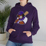 Merrillville Muddogs Hoodie in purple with the Merrillville Muddogs logo, a snarling bulldog in a purple cap holding a bat on the front, worn by model