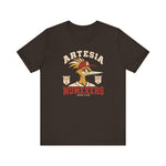 Artesia Numexers Premium Lightweight T-Shirt in brown with the Artesia Numexers logo, a roadrunner in a red A cap between Longhorn League and 1954 Champions banners, with Numexers in red block letters on the front