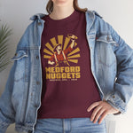 Medford Nuggets Heavyweight T-Shirt in maroon with the Medford Nuggets logo, a gold prospector catching a baseball in his pan on the front, worn by model