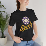 Mesa Jewels Premium Lightweight T-Shirt in black with the Mesa Jewels logo, a faceted purple gem with a baseball diamond above Jewels script on the front, worn by model