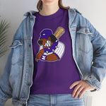 Merrillville Muddogs Heavyweight T-Shirt in purple with the Merrillville Muddogs logo, a snarling bulldog in a purple cap holding a bat on the front, worn by model