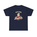 Salem Raglans Heavyweight T-Shirt in navy with the Salem Raglans logo, a mustached ballplayer in a raglan shirt on the front