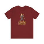 Bartow Polkers Premium Lightweight T-Shirt in cardinal with the sepia toned vintage ballplayer walking with a bat over his shoulder on the front