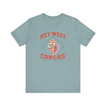 Key West Conchs Premium Lightweight T-Shirt in heather blue lagoon with the grinning striped conch shell mascot inside a teal diamond outline on the front